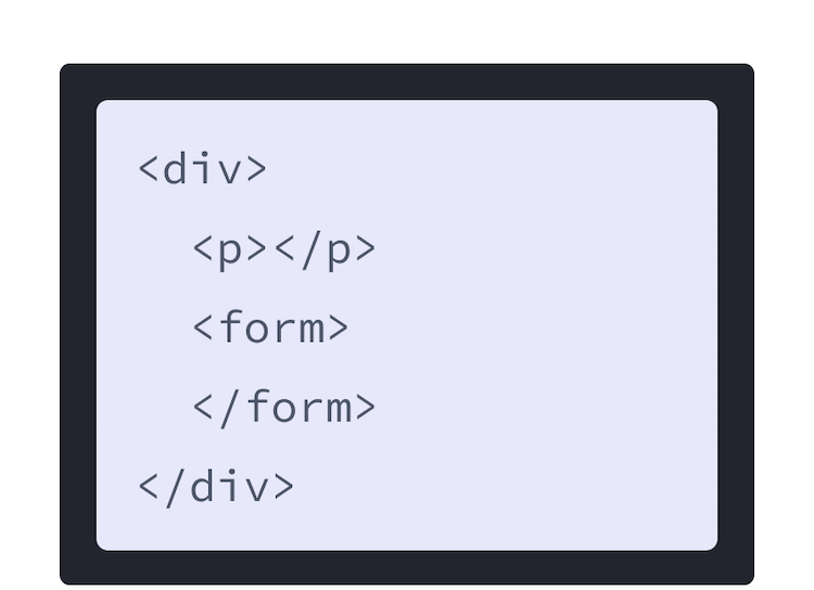 HTML markup with purple background and a div with two child tags: p and form. 